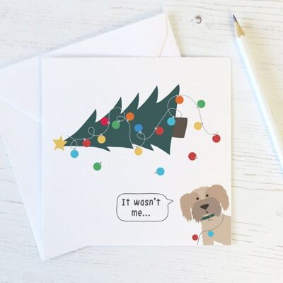 Lustige Hunde- und Weihnachtsbaumkarte "Ich war es nicht!"