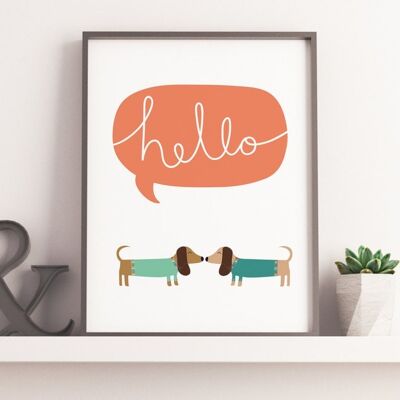 Ciao Salsiccia! Simpatico cane bassotto con salsiccia stampata - 30x40 stampa montata (£ 22,00)
