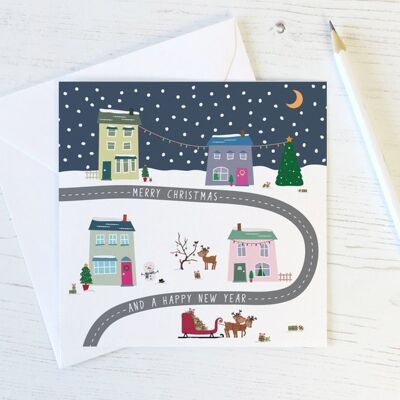 Christmas Houses Xmas Card - à travers les kilomètres - jusqu'aux voisins - de notre maison à la vôtre