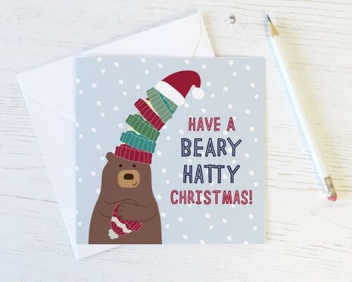 Funny Bear Pun Christmas Card - Beary Hatty Christmas!