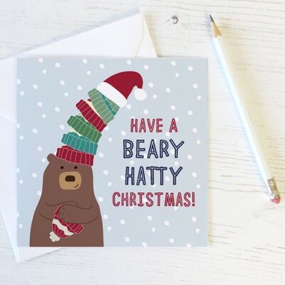 Funny Bear Pun Christmas Card - Beary Hatty Christmas!