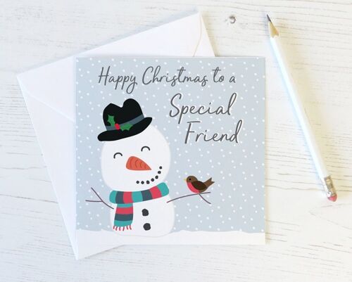 Happy Christmas to a Special Friend - snowman and robin xmas card
