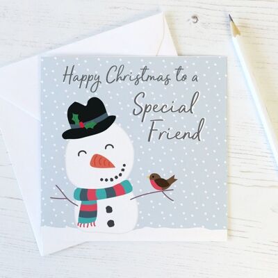 Buon Natale a un amico speciale - biglietto di Natale con pupazzo di neve e pettirosso