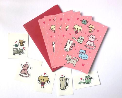 Illustrated Cat Notecard Set with stickers - five flat notecards / Cat Thank you Cards and stickers