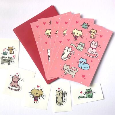 Juego de tarjetas ilustradas de gatos con pegatinas - cinco tarjetas de notas planas / Tarjetas de agradecimiento y pegatinas de gatos