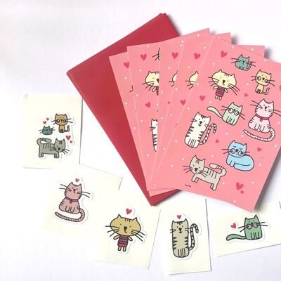 Ensemble illustré de cartes de notes de chat avec des autocollants - cinq cartes de notes plates / cartes de remerciement de chat et autocollants