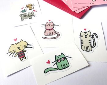 Ensemble illustré de cartes de notes de chat avec des autocollants - cinq cartes de notes plates / cartes de remerciement de chat et autocollants 4