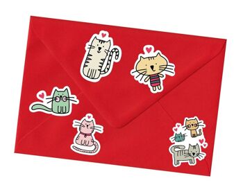 Ensemble illustré de cartes de notes de chat avec des autocollants - cinq cartes de notes plates / cartes de remerciement de chat et autocollants 5