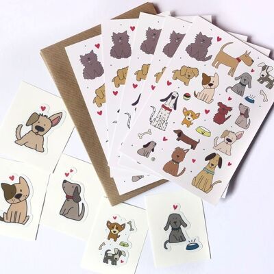 Ensemble illustré de cartes de notes pour chiens avec autocollants - cinq cartes de notes plates / Cartes de remerciement pour chiens et autocollants