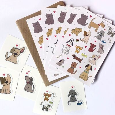 Ensemble illustré de cartes de notes pour chiens avec autocollants - cinq cartes de notes plates / Cartes de remerciement pour chiens et autocollants