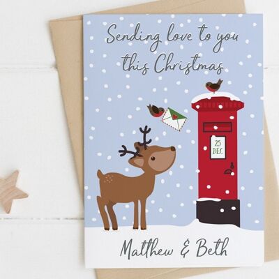 Personalised 'Sending Love this Christmas' Reindeer and Postbox Xmas Card