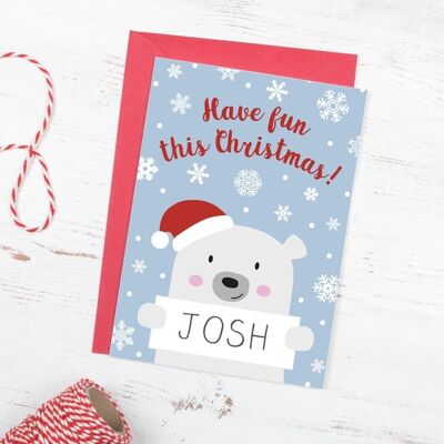 Polar Bear Christmas Card for children - personalised with their name
