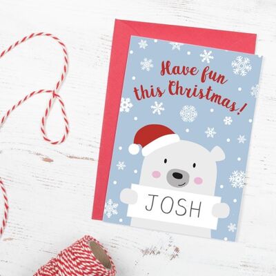 Polar Bear Christmas Card for children - personalised with their name