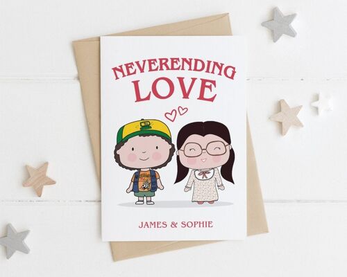 Stranger Things Dustin and Suzie Neverending Personalised Love Card for anniversary or valentines, Dusty Bun Suzie Poo Never Ending Story