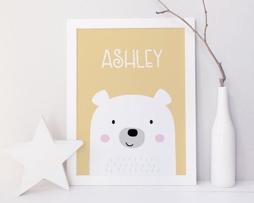 Bear Name Personalised Nursery Print for babies and children - New baby, Baptism or Christening Gift - 4 colours to choose from - Unmounted A4 Print (£18.00) Yellow