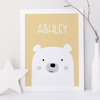 Impresión personalizada de nombre de oso para bebés y niños - Recién nacido, regalo de bautizo o bautizo - 4 colores a elegir - Impresión A4 sin montar (18,00 €) Amarillo
