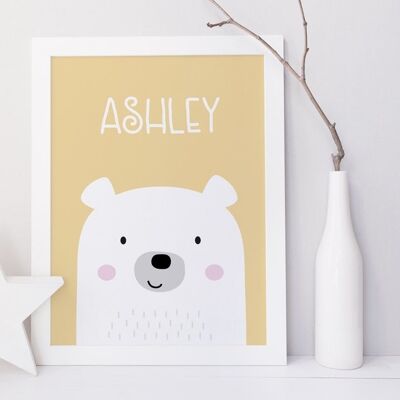 Bear Name Personalised Nursery Print for babies and children - New baby, Baptism or Christening Gift - 4 colours to choose from - Unmounted A4 Print (£18.00) Blue