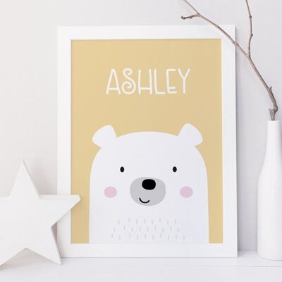 Bear Name Personalised Nursery Print for babies and children - New baby, Baptism or Christening Gift - 4 colours to choose from - Mounted 30x40cm (£25.00) Sage