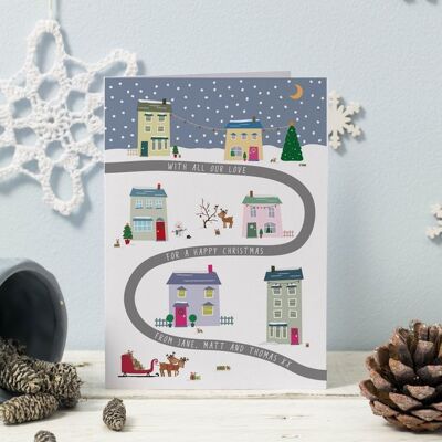 Tarjeta de Navidad personalizada de Christmas Eve Village Scene - a través de las millas - de la familia