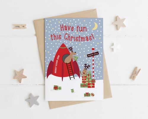 Reindeer Rocket Christmas Card for Children