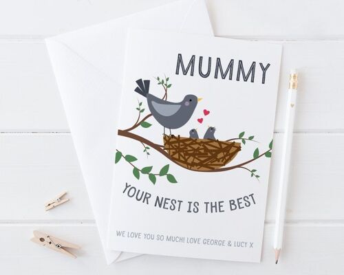 Card for Mum - Your Nest Is The Best - Personalised Mothers Day card for Mummy, Mum or Mama - Mummy 3 Birds