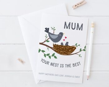 Carte pour maman - Votre nid est le meilleur - Carte de fête des mères personnalisée pour maman, maman ou maman - Mama 1 oiseau 4