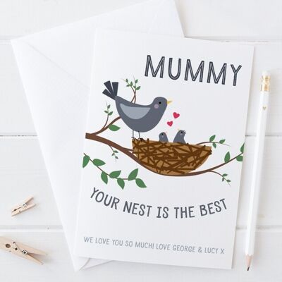 Karte für Mama – Your Nest Is The Best – Personalisierte Muttertagskarte für Mama, Mama oder Mama – Mama 3 Vögel