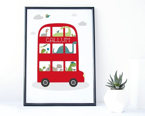 Dinosaur Bus Personalised Print for Children - london bus print - baby gift - christening gift - White Framed Print (£60.00)