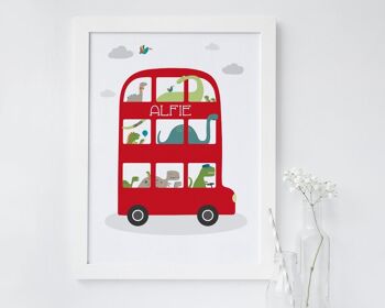 Impression personnalisée de bus de dinosaure pour les enfants - impression de bus de Londres - cadeau de bébé - cadeau de baptême - impression encadrée blanche (60,00 £) 2