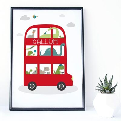 Dinosaur Bus Personalised Print for Children - london bus print - baby gift - christening gift - Black Framed Print (£60.00)