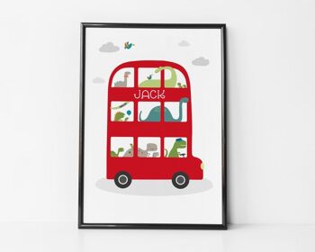 Impression personnalisée de bus de dinosaure pour les enfants - impression de bus de Londres - cadeau de bébé - cadeau de baptême - impression encadrée de chêne (60,00 £) 4