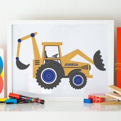 Stampa per bambini personalizzata Yellow Digger - Stampa con cornice in quercia (£ 60,00)