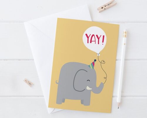 Cute Elephant 'Yay!' Birthday card - elephant birthday - happy birthday card - birthday celebration - party invitation - greeting card - uk