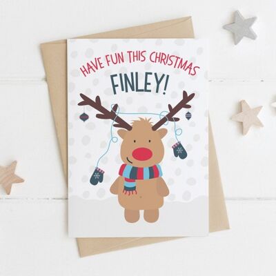 Tarjeta de Navidad de reno lindo personalizado - tarjeta de Navidad para niños - tarjeta de Navidad para niños - tarjeta de Navidad de hijo - tarjeta de Navidad de nieto - reno de niña