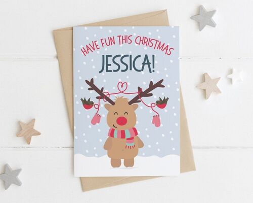 Personalised Cute Reindeer Christmas Card - childrens xmas card - xmas card for kids - daughter xmas card - granddaughter xmas card - Girl Reindeer