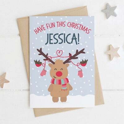 Tarjeta de Navidad de reno lindo personalizado - tarjeta de Navidad para niños - tarjeta de Navidad para niños - tarjeta de Navidad para hija - tarjeta de Navidad para nieta - reno niña
