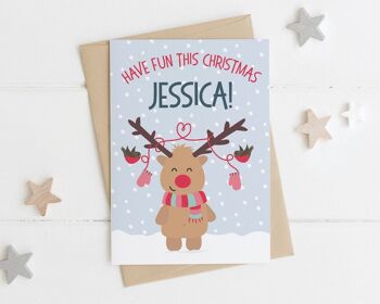 Carte de Noël personnalisée renne mignon - carte de Noël pour enfants - carte de Noël pour enfants - carte de Noël fille - carte de Noël petite-fille - garçon renne 1