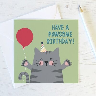 Biglietto di auguri di compleanno con gatto carino 'Hai un compleanno pawsome'