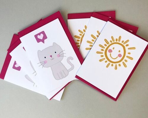 Pack of 6 Cute Cat and Happy Sunshine Note Cards / Thank You Cards