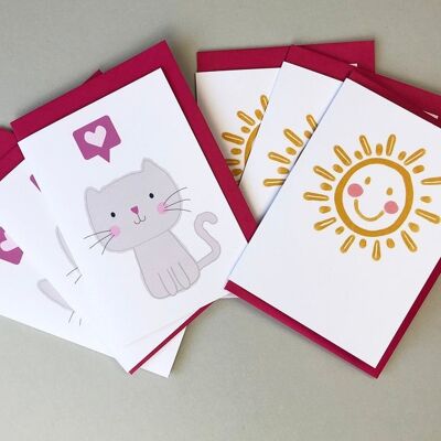 Pack of 6 Cute Cat and Happy Sunshine Note Cards / Thank You Cards