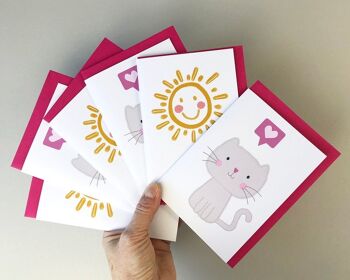 Lot de 6 cartes de correspondance chat mignon et Happy Sunshine/cartes de remerciement 3