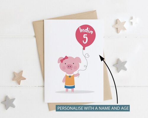 Cute Pig card for kids birthday - girls birthday - cute birthday card - pig card - childrens birthday card - 2nd - 3rd - 4th - 5th - Boy Pig 2