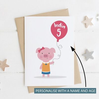 Cute Pig card for kids birthday - girls birthday - cute birthday card - pig card - childrens birthday card - 2nd - 3rd - 4th - 5th - Boy Pig 2