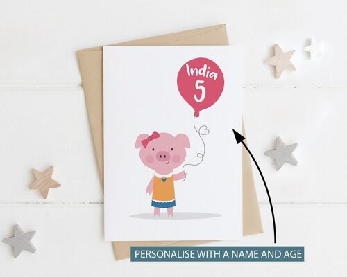 Cute Pig card for kids birthday - girls birthday - cute birthday card - pig card - childrens birthday card - 2nd - 3rd - 4th - 5th - Boy Pig 6