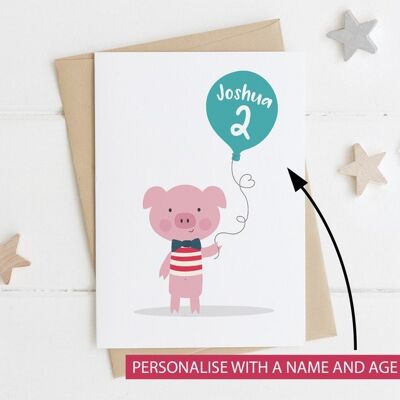 Tarjeta de edad de cumpleaños de cerdo lindo para niños - cumpleaños de niños - tarjeta de cumpleaños linda - tarjeta de cerdo - tarjeta de cumpleaños de niños - 2 - 3 - 4 - 5 - Boy Pig 3