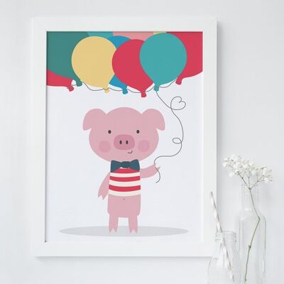 Cute Pig and Balloons nursery print - birthday gift for kids - kids print - childrens print - baby gift - pig poster - christening gift - uk - A4 print only (£16.00)