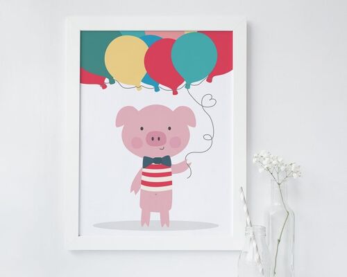 Cute Pig and Balloons nursery print - birthday gift for kids - kids print - childrens print - baby gift - pig poster - christening gift - uk - A4 Mounted print (£25.00)