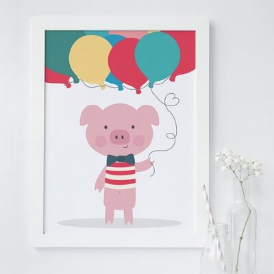 Impression de pépinière de cochon mignon et ballons - cadeau d'anniversaire pour les enfants - impression pour enfants - impression pour enfants - cadeau de bébé - affiche de cochon - cadeau de baptême - Royaume-Uni - Impression montée A4 (25,00 £)