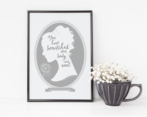 Jane Austen Pride and Prejudice Love Quote Print - valentines gift for her - personalised print - Mr Darcy - Elizabeth Bennett - jane eyre - Unmounted A4 Print (£18.00) Grey