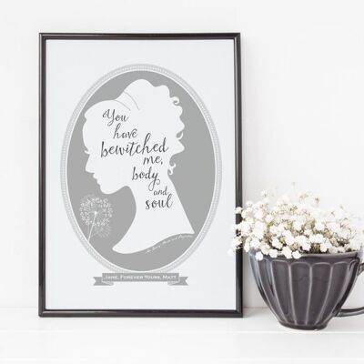 Jane Austen Pride and Prejudice Love Quote Print - Regalo di San Valentino per lei - Stampa personalizzata - Mr Darcy - Elizabeth Bennett - Jane Eyre - Stampa A4 smontata (£ 18,00) Grigio